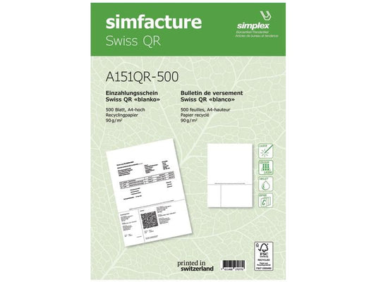 Simplex Bulletin de versement Simfacture Swiss QR Recycling 500 feuilles