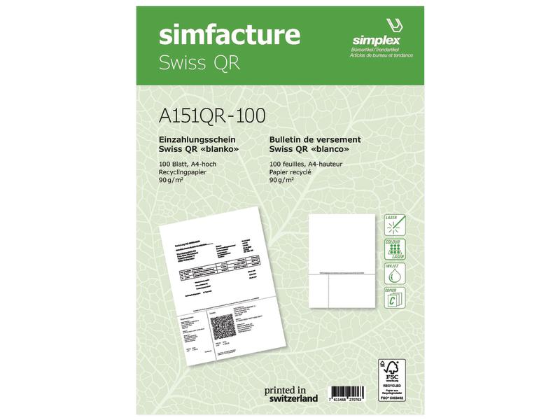 Simplex Bulletin de versement Simfacture Swiss QR Recycling 100 feuilles