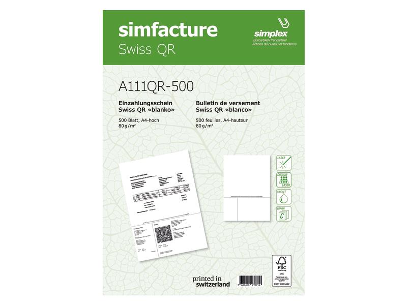 Simplex Bulletin de versement Simfacture Swiss QR 1000 feuilles, blanc