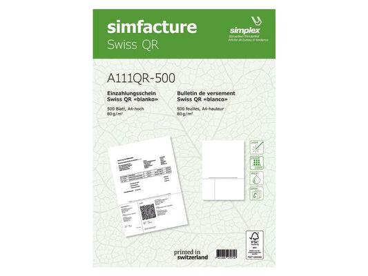 Simplex Bulletin de versement Simfacture Swiss QR 1000 feuilles, blanc