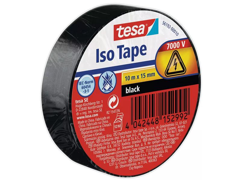 tesa Bande isolante -Set Iso Tape, 15 mm x 10 m, 5 rouleaux, Noir