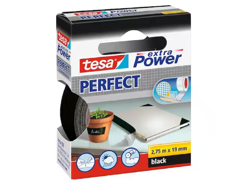 tesa Bande de tissu -Set extra Pow Perfect, 19 mm x 2.75 m, 3 rouleaux, Noir