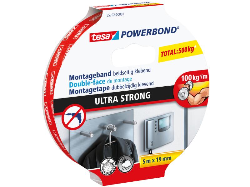 tesa Ruban de montage Powerbond Ultra Strong 19 mm x 5 m, Blanc